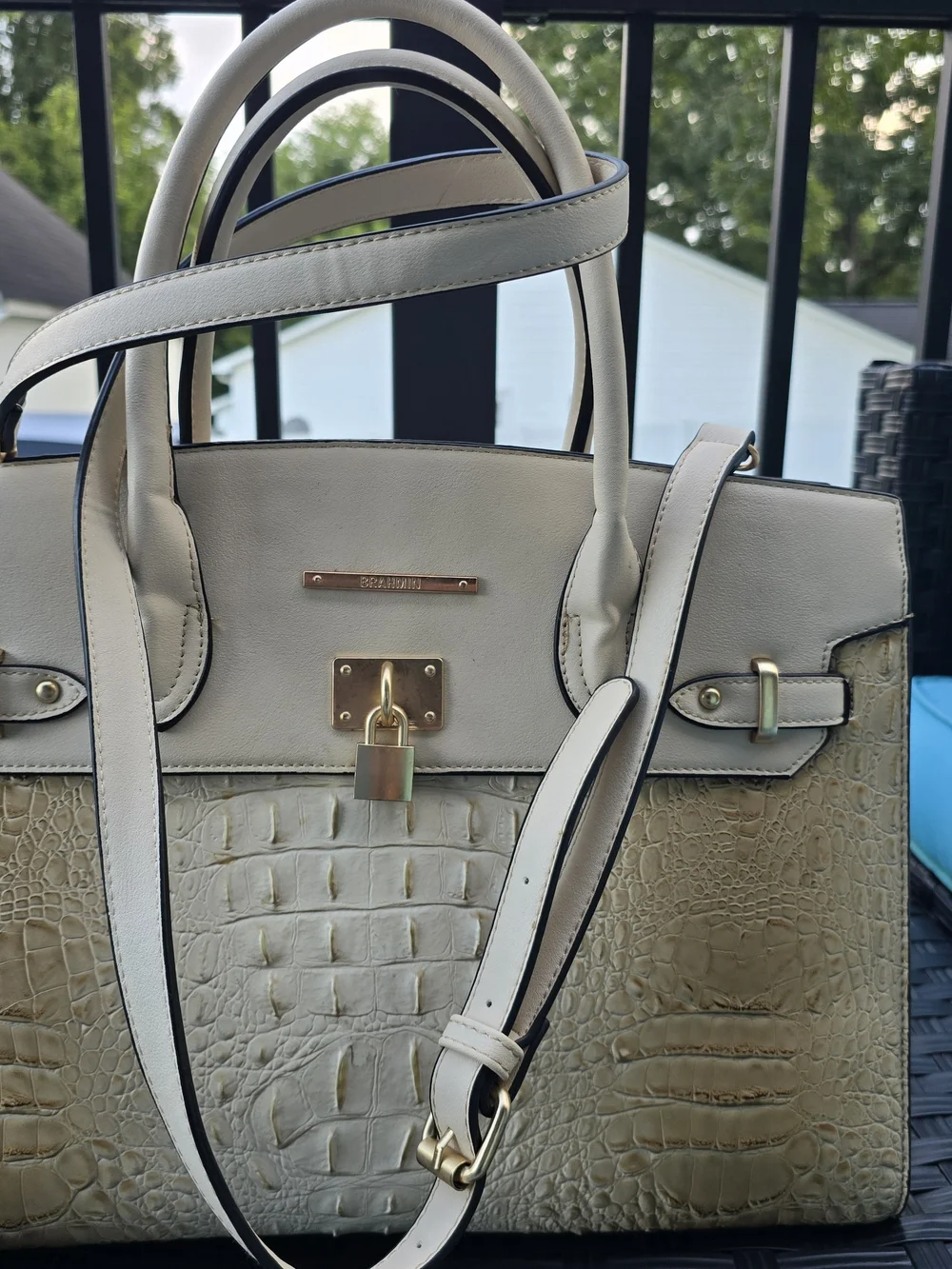 Brahmin Cream Croc-Embossed Shoulder Bag with Gold Hardware